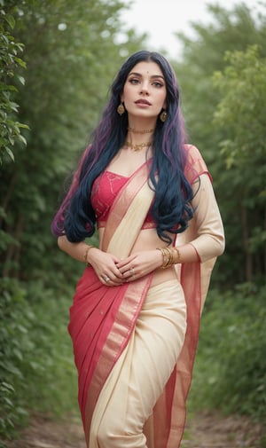 Saree, 1girl, solo, yellow saree, long hair:2, pink hair, multiple colours hair, blue hair, Red hair, long sleeves, dress, jewelry, earrings, garden, flower, outdoor, 👠 , shoes:2, realistic, This breathtaking photograph, shot on a Canon 1DX with a 50 mm f/2.8 lens, beautifully showcases the raw and authentic beauty of life. high resolution 8k image quality, saree ,sari,CyberpunkWorld,Indian