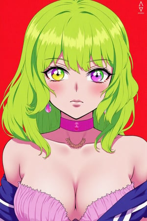 anime,BREAK, Vibrant pastel colors, exposed_navel, limited_palette, restricted_palette, 1girl, smug, piercing neon eyes, Neon, magazine_cover, bright lime green hair, flat red background, head_tilt, heterochromia,xamala