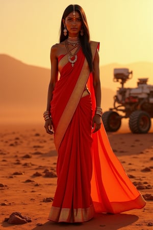 Mars Explorer in Traditional Attire
"A stunning Indian woman stands on the red, rocky surface of Mars, blending elements of her cultural heritage with futuristic technology. She wears a sleek, saree, with glowing neon accents, customized to reflect traditional Indian motifs, such as intricate gold patterns and a sari-like drape over her shoulder. Rover bihind Her,  revealing a radiant face with sharp, determined eyes. The harsh Martian environment contrasts with her beauty, while the backdrop features the dusty Martian landscape, distant planets, and a futuristic space colony on the horizon. The lighting is dramatic, with warm tones highlighting the red sands of Mars, creating a powerful, cinematic scene captured in ultra-realistic photography.",Futuristic 