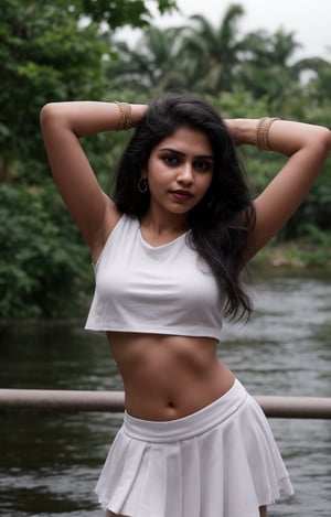 Beautiful women, solo, long hair, skirt, shirt, black hair, jewelry, standing, full body, earrings, midriff, water, blurry, arms up, bracelet, tree, crop top, blurry background, white skirt, red shirt, long skirt, rock, photo background, Indian traditional dress , 28yo, plumb 