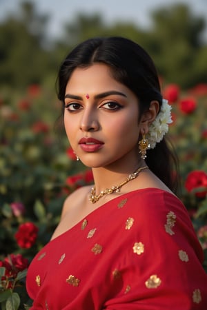 Raw photo of (18yo Kerala Beautiful young woman:1.1, (best quality, highres, ultra-detailed:1.2), This breathtaking photograph, shot on a Canon 1DX with a 50 mm f/2.8 lens, beautifully showcases the raw and authentic beauty of life. high resolution 8k image quality, vibrant colors, glowing dimond, glowing eyes, realistic Raw photo, realistic lighting, traditional Red saree,  exotic beauty, mesmerizing eyes, girl ,Thrissur,Mallu,Saree,35mm photo