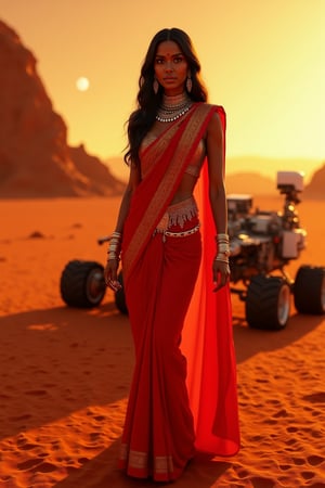 Mars Explorer in Traditional Attire
"A stunning Indian woman stands on the red, rocky surface of Mars, blending elements of her cultural heritage with futuristic technology. She wears a sleek, saree, with glowing neon accents, customized to reflect traditional Indian motifs, such as intricate gold patterns and a sari-like drape over her shoulder. Rover bihind Her,  revealing a radiant face with sharp, determined eyes. The harsh Martian environment contrasts with her beauty, while the backdrop features the dusty Martian landscape, distant planets, and a futuristic space colony on the horizon. The lighting is dramatic, with warm tones highlighting the red sands of Mars, creating a powerful, cinematic scene captured in ultra-realistic photography.",Futuristic 