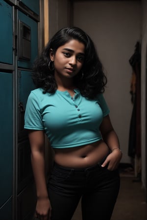 Cyberpunk, Neon glow, masterpiece, high resolution, best quality, 4k, plump face, 1girl, solo, beauty photo, amateur photo, 1girl, eye level, oversized button-up shirt, and hoop earrings, Teal-colored Flat ironed straight, stand pose in locker room,lighting,photorealistic,Curly girl ,redneonstyle,Rebecca ,Mallu girl ,Tamil girl, plump , cute, 