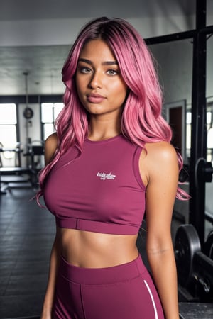 skistyle, 1girl, beautiful, solo, cute look, heavy cat eye makeup, (pink hair), button nose,  (Very dark and long eyelashes), innocent (egirl makeup) (hair in two buns) (unique facial features)

Wearing gym shorts, with a crop top,Brown tone Beauty