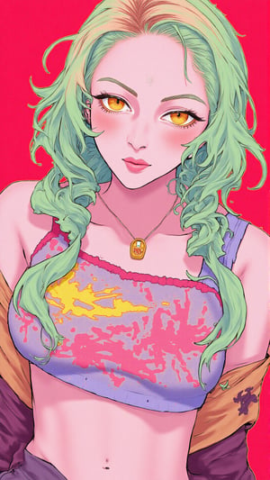 anime,BREAK, Vibrant pastel colors, limited_palette, restricted_palette, 1girl, smug, piercing neon eyes, Neon, magazine_cover, bright lime green hair, flat red background, head_tilt, heterochromia,xamala