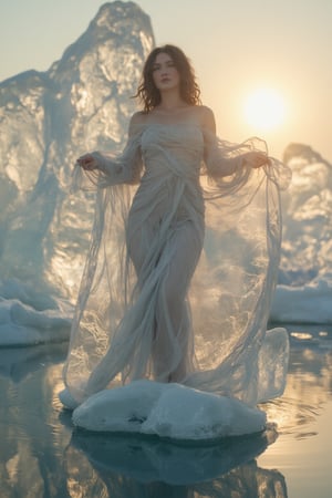  A photorealistic image of a woman wrapped in flowing transparent silk fabric, standing gracefully in an arctic setting on top of a big transparent iceberg lit by the sun, raytracing. The fabric moves slightly in the breeze, revealing the contours of her figure. Her pose is elegant, confident, and serene, with the interplay of light and shadow adding depth and texture. ethereal atmosphere, blending sensuality with artistic grace.,Beauty 