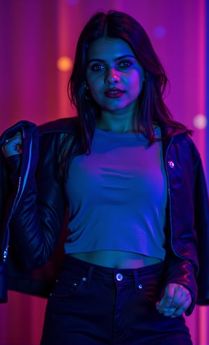 A cyberpunk women, realistic, details and enhanced image, beautiful,The atmosphere is fun and inviting, featuring colors like black, blue, dark blue, dark purple, gray, light green, purple, and orange. Neon lights in pink, blue, and green illuminate the space, creating a bokeh and Depth of Fieldeffect. The focus is on the girl from the torso to the head, captured in a cinematic style with a Sony A7R IV full-frame camera,AnushkaShettyFlux