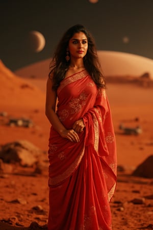 Mars Explorer in Traditional Attire
"A stunning Indian woman stands on the red, rocky surface of Mars, blending elements of her cultural heritage with futuristic technology. Mars rover near She wears a sleek saree, with glowing neon accents:1, customized to reflect traditional Indian motifs, such as intricate gold patterns and a sari-like drape over her shoulder. Her hair wave, mars effect, mars havy sand storm:1.4, revealing a radiant face with sharp, determined eyes. The harsh Martian environment contrasts with her beauty, while the backdrop features the dusty Martian landscape, distant planets, and a futuristic space colony on the horizon. The lighting is dramatic, with warm tones highlighting the red sands of Mars, creating a powerful, cinematic scene captured in ultra-realistic photography."

Details: face texture, perfect eyes, 5 finger on each hands, hair details, costume texture perfect, symmetry, Sharp background,