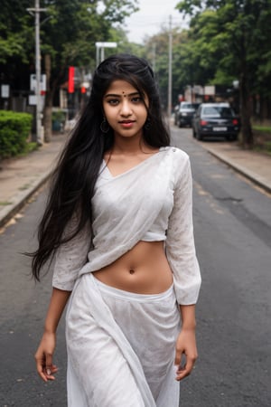 1girl, solo, long hair, black hair, twintails, jewelry, earrings, lips, realistic, navel, beautiful Indian girl, 18 years old girl, outside, beautiful girl walking on the street 