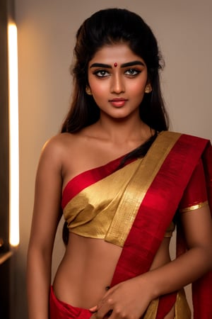 Raw photo of (25yo Kerala Beautiful young woman:1.1) (best quality, highres, ultra-detailed:1.2), vibrant colors, glowing dimond, glowing eyes, realistic Raw photo, realistic lighting, traditional Red saree,  exotic beauty, mesmerizing eyes, girl ,Thrissur,18 years old mallu girl 