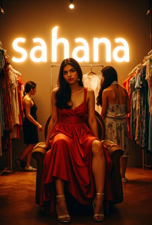 create me something beautiful, sexy, A beautiful woman, dressed in high fashion, sits on a throne in a luxurious boutique shop, surrounded by perfect cinematic lighting. Behind her, the shop's name "sahana" is displayed in oversized glowing letters, commanding attention. Girls in the background casually explore the dresses on display. The scene highlights both the elegance of the boutique and the glowing, bold shop name.,Enhanced all