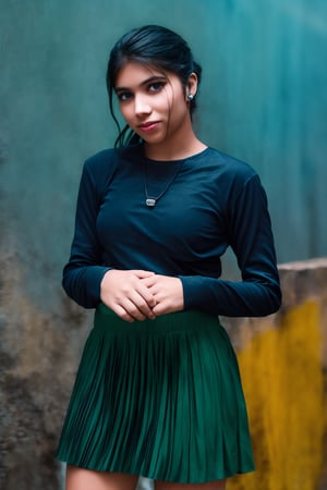 A teenage girl stands still against a rustic wooden wall with a pale blue sky in the background. She is wearing a blue long-sleeved shirt and a red skirt, accessorized with a ring on her finger and earrings in her ears. Her sleek, ponytailed hair is neatly styled, and her neutral expression carries a hint of a subtle smile. The image features cinematic color grading with Matrix movie color tones, enhanced with Tron Legacy movie style. The scene has a neon atmosphere, with a futuristic gadget in view, creating the look of a game character.
