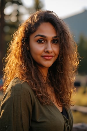 Generate an image of a stunning 38-year-old women, blending Black and Spanish heritage. She has fluffy curly golden brown hair, Type 4 hair, lush and vibrant, falling in loose waves down her back.

Setting:
- Outdoor: A serene mountain campsite at dusk, mountain view
- Soft, warm lighting with subtle shadows and twinkling string lights
- Tall trees surrounding a cozy clearing, with a crackling campfire and rustic wooden benches
- Camping gear and equipment subtly integrated into the scene

Physical Description:
- Fair skin with a subtle, sun-kissed glow
- Bright, expressive hazel eyes
- olive, dark Italian skin

Outfit:
- Comfortable, green earth-toned camping shirt (flannel or fleece)
- Practical hiking pants or leggings
- Warm, cozy cardigan 
- Sturdy hiking boots

Style:
-Effortless, coastal chic
- Confident, carefree, innocent pose

Mood:
- Serene, joyful, and radiant
- Capturing the essence of a relaxed summer afternoon
Inspired by singer Tyla's vibrant energy and style, create a breathtaking image that embodies beauty, elegance, and a laid-back coastal vibe.