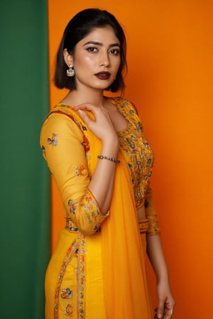 a woman dressed in a traditional Indian outfit stands in front of a vibrant orange backdrop. The woman's outfit is adorned with a yellow blouse, adorned with blue, red, and orange accents. She is wearing a pair of silver earrings, and a ring on her finger. Her hair is styled in a sleek bob, and her eyes are focused on the camera. She has a serious expression on her face, and she is wearing black lipstick. Her left hand is draped over her right shoulder, adding a touch of contrast to her outfit. The backdrop is a combination of green and orange, creating a striking contrast to the woman's body.,Payal