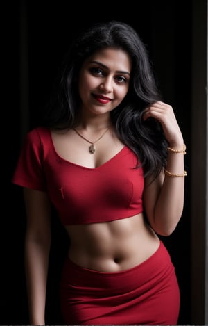 1girl, solo, long hair, looking at viewer, smile, black hair, dress, jewelry, standing, necklace, blurry, Red dress, bracelet, realistic, 28 years old, dark skin , dim light, drak atmosphere, low light , Midriff , plumb, curvy_figure 