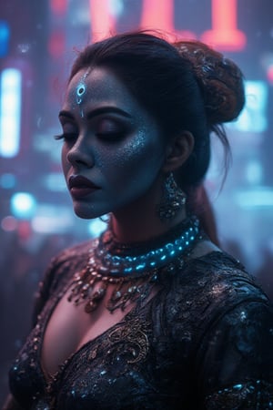 Design a cyberpunk-style movie poster with the title "KALI" prominently displayed in bold, futuristic letters at the top. The central focus of the poster is a close-up of a cyberpunk Asian female android, her face a blend of human-like features and sleek, metallic components. She has a serene expression with her eyes closed, as if in a meditative state, connected to a digital or virtual world. Her synthetic skin has intricate glowing patterns, and her hair is styled in a futuristic, sleek cut.

The background features a dark, neon-lit cityscape typical of a cyberpunk world, with vibrant colors like blues, purples, and pinks illuminating the scene. There are towering skyscrapers, holographic advertisements, and subtle rain effects to add depth and atmosphere. The android's surroundings are filled with digital particles and soft light trails, enhancing the dreamlike and futuristic feel of the poster.

The title "ai patapperukki" should be prominently displayed, glowing with neon lights, possibly casting a soft glow over the poster. The overall design should evoke a sense of futuristic mystery and the merging of technology with human consciousness

 A powerful and terrifyingly beautiful depiction of the Hindu goddess Kali Maa, portrayed with a perfect hourglass figure and a dark, foreboding atmosphere. She has black or blue skin, with her third eye prominently displayed on her forehead, radiating fierce energy. Her 10 hands are spread out:1.4, each holding a different mythological weapon or symbolic item, such as a skull and traditional Hindu weapons. Kali Maa is adorned with gold and traditional ornaments, including necklaces, bangles, and anklets that gleam against her dark skin. Her attire is a traditional cracked saree, worn in a way that reveals her powerful and curvaceous form. Her hair is wild and dirty, flowing around her like a storm, adding to her fearsome presence. The scene is set on a dark, horror-themed night, with a cinematic atmosphere and dramatic color grading that emphasizes the intensity and otherworldly power of the goddess. The lighting casts deep shadows and highlights her divine yet terrifying beauty. The background is ominous, filled with swirling mists and dark clouds, enhancing the sense of dread and reverence. The overall image is detailed, with intricate textures and rich colors, creating a visually stunning and awe-inspiring portrayal of Kali Maa, the goddess of time, death, and destruction.,Goddess Kali,Horror,Indian goddess,  