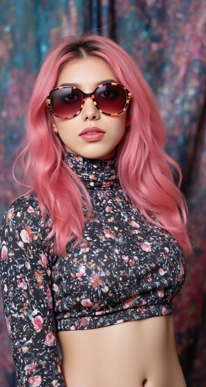 A vibrant, close-up portrait of a young woman with pink hair, wearing oversized, colorful sunglasses, and patterned turtleneck, abstract, midriff exposed, navel, textured background | pop art style, bold colors, detailed, highly stylized | photorealistic | studio lighting
,cinematic , film grain, Short telephoto focal length, shot on ALEXA 65