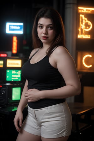 Bra:2, t shirt, Tanktop, plump, Cyberpunk, Neon glow, curvy women:2, milf ,  bubbly, masterpiece, high resolution,  long gown, best quality, 4k, plump face, 38 years old , panty house , strap on, women, shorts,  hot pants, thick_hip, solo, beauty photo, amateur photo, skin texture:2, 1girl, eye level, and hoop earrings, red_teal_orange-colored busty ironed straight, stand, room,lighting,photorealistic ,CyberpunkWorld, 27 year old,Plump chubby,kushboo,Plump 