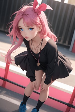 Captured from a low-angle perspective, a girl stands in front of a red fence. The girl is dressed in a black and pink outfit, adorned with a pink bow on her head. Her hair is a vibrant shade of pink, adding a pop of color to the scene. Her eyes are a piercing blue, and her lips are a darker shade of blue. Her hands are clasped in her hands. She is wearing a black necklace with a white pendant. Her socks are adorned with black laces that are tied in a bow at the bottom. The background is blurred, creating a vibrant contrast to the girl 