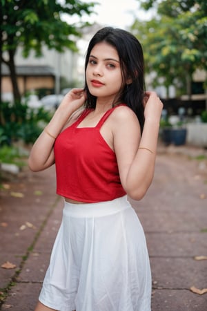 17-year-old Indian beauty posing confidently on a vibrant Norwegian street. Her raven-hued locks flow freely down her back, still damp from the morning shower. The bright red lehenga hugs her curves, accentuating her rounded bosom. A sly smirk spreads across her face, painted with bold red lipstick. She stands out against the warm, sunny backdrop, radiating youthful charm and confidence.