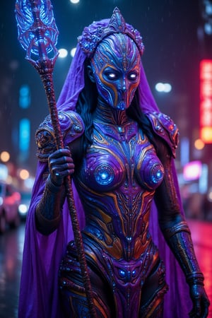 The cyberpunk empress, Extreme Upper Body Closeup Portrait, Neon blue and purple color graded, Face partially covered by robotic casing, , analog Photo of a fierce armored cyber warrior with a staff entwined with glowing digital symbols, action pose, featuring a relentless, translucent armour and clothing, a cape. She is depicted in a rainy city with a digital sky. The glowing neon outlines define the rugged lines of her form, reflective armor. The armor includes a rich purple chest piece with detailed hieroglyphic patterns.,NivethaPethurajFlux