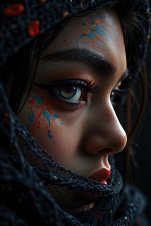 (Best quality), Create an artistic and striking image, (highly detailed and surreal), lighting highlights, abstract contrast, on the part of a face where the details of (one only eye), hyper tunning, made up in a fantasy style and with a tattoo are shown, striking scarf covers the forehead, notable eyelashes, iris of striking colors, the background contrasts the main image and gives focus to it, Ultra-detailed, perfectly focused and sharp, UHD 8K, HDR, artistic photographic style,Traditional 