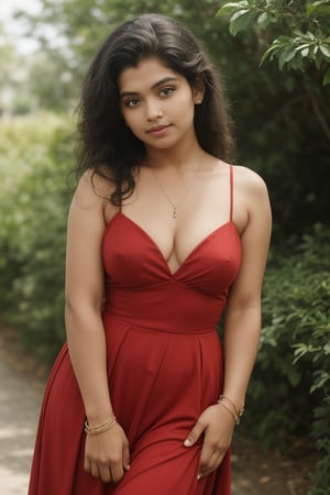Dark skin:2, brown skin, A dark-skinned cosplayer stands outside on a lush green grass, striking a pose in a stunning red gown that flows elegantly around her curves. Her long, curly brown hair, she gazes directly at the viewer with warm, brown eyes. A delicate necklace and bracelet adorn her neck and wrist, respectively, catching the soft outdoor light. The camera captures a blurred background, emphasizing her striking features and the dress's flowing folds as she leans to one side, showcasing her dark skin glowing warmly in the natural light.