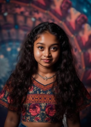 Capture a masterpiece of photography featuring a stunning girl with long, curly black hair (1.1) and intricate details in her school uniform, complete with a miniskirt and random colors. The scene is set in front of a striking fractal pattern (abstract) that creates a sense of depth and dimensionality. Professional HDR lighting (8k UHD RAW photo) casts a cinematic glow, accentuating the subject's features while also capturing the subtle play of iridescent lighting on her skin. Jewelry (1.4) adorns her neck, drawing attention to her radiant smile as she faces the viewer directly. The image is rendered in breathtaking detail, with every curl of hair and fold of fabric meticulously captured. Apply a realistic LUT for a true-to-life representation.,SH,Yakshi28 