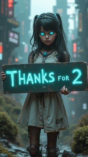 A cybernetic girl with glowing blue eyes and mechanical limbs, standing in the heart of a surreal biomorphic city.she holds a sign that reads "Thanks for 2" in bold, fantasy-style lettering.