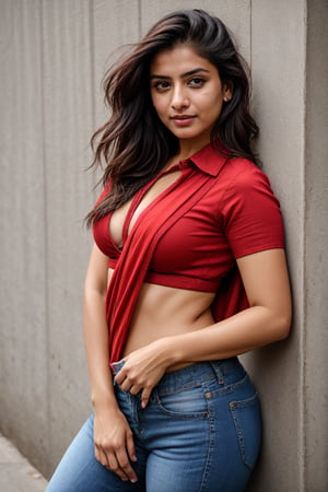 There a girl isma young hot beautiful hsdan girl Wearing red Shirt and Jeans, hot looks face features like Kama Kaif, summer look Standing locking into the camera, portrait causal phets ResPurtrat,Saree