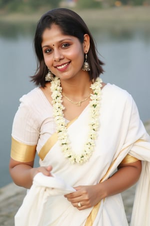 a woman dressed in a white saree adorned with gold bands and a gold necklace. She is adorned with a gold ring, earrings, and a garland of white flowers. Her hair is styled in a sleek bob, and she is smiling. The saree is draped over her left shoulder, adding a touch of contrast to her outfit. The backdrop is blurred, suggesting a natural setting.,Payal,Mallu beauty 