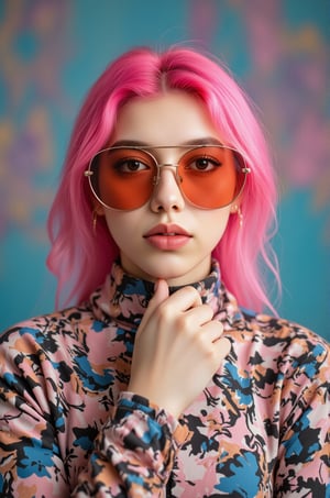 A vibrant, close-up portrait of a young woman with pink hair, wearing oversized, colorful sunglasses, and patterned turtleneck, abstract, textured background | pop art style, bold colors, detailed, highly stylized | photorealistic | studio lighting
,cinematic , film grain, Short telephoto focal length, shot on ALEXA 65