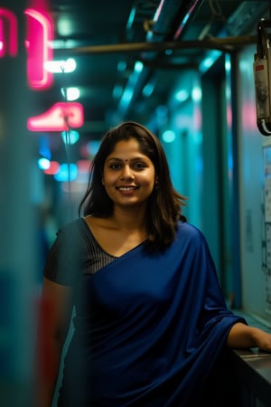 A beautiful mallu women, teal and orange colour lighting in background, futuristic subway, pipeline , wires, light indicators, intricate background, realism,realistic,raw,analog,portrait,photorealistic, taken by Canon EOS,SIGMA Art Lens 35mm F1.4,ISO 200 Shutter Speed 2000,Vivid picture,Mallu beauty, The atmosphere is fun and inviting, featuring colors like black, blue, dark blue, dark purple, gray, light green, purple, and orange. Neon lights in pink, blue, and green illuminate the space, creating a bokeh and Depth of Fieldeffect. The focus is on the girl from the torso to the head, captured in a cinematic style with a Sony A7R IV full-frame camera,Mallu beauty,futuristicportrait,Mallu beauty 