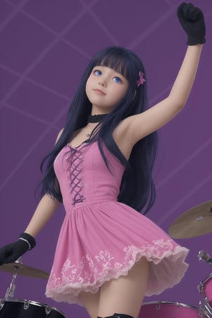 Realistic, human, Captured from a high-angle perspective, a girl with long dark blue hair, wearing a pink and yellow dress, adorned with a black belt. The arms are raised in the air, adding a touch of balance to the scene. The background is a vibrant purple hue, with white dots dotting the ceiling. To the right of the girl,a drum set is visible. 1girl, solo, long hair, looking at viewer, smile, bangs, hair ornament, thighhighs, gloves, dress, blue hair, purple eyes, heart, frills, tongue, hairclip, tongue out, pink dress, idol, pink thighhighs, pink gloves, maizono sayaka