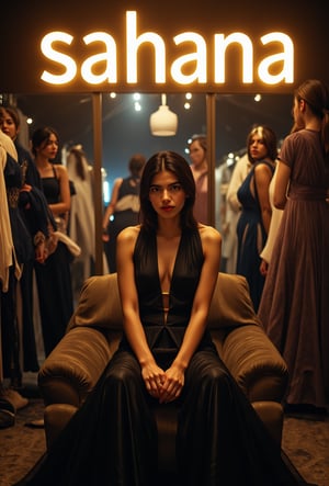 create me something beautiful, sexy, A beautiful woman, dressed in high fashion, sits on a throne in a luxurious boutique shop, surrounded by perfect cinematic lighting. Behind her, the shop's name "sahana" is displayed in oversized glowing letters, commanding attention. Girls in the background casually explore the dresses on display. The scene highlights both the elegance of the boutique and the glowing, bold shop name.,Enhanced all