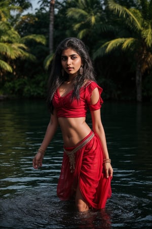 1girl, solo, long hair, skirt, shirt, black hair, jewelry, standing in pool water,, shot from above, earrings, midriff, water, blurry, sexy pose, curvy, spike_bracelets, tree, blouse,  red shirt half in  water, long skirt, rock, photo background, Indian traditional dress 