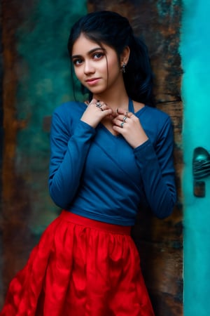 A teenage girl stands still against a rustic wooden wall with a pale blue sky in the background. She is wearing a blue long-sleeved shirt and a red skirt, accessorized with a ring on her finger and earrings in her ears. Her sleek, ponytailed hair is neatly styled, and her neutral expression carries a hint of a subtle smile. The image features cinematic color grading with Matrix movie color tones, enhanced with Tron Legacy movie style. The scene has a neon atmosphere, with a futuristic gadget in view, creating the look of a game character.,sahana15