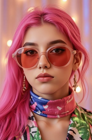 A vibrant, close-up portrait of a young woman with pink hair, wearing oversized, colorful sunglasses, and patterned turtleneck, abstract, textured background | pop art style, bold colors, detailed, highly stylized | photorealistic | studio lighting
,cinematic , film grain, Short telephoto focal length, shot on ALEXA 65