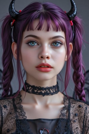 1girl, solo, looking at viewer, blue eyes, twintails, purple eyes, purple hair, heart, wings, horns,Cosplay,35mm photo,Realistic photography 