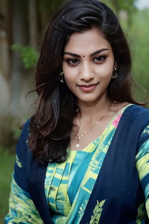 Malayalam movie actress unni mary:1.5, 1girl, solo, long hair, looking at viewer, smile, black hair, jewelry, earrings, outdoors, day, necklace, blurry, lips, blurry background, , realism,portrait,Mallu girl