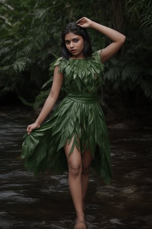 Create a costume with Plantain leaf only leaf no real dress, a beautiful young women in nature dress, real leaf, a girl covered her private parts with Plantain leaf 