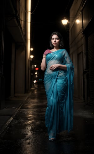 Mid shot, In a dark alleyway, neon tubes casting a futuristic glow on wet pavement, a stunning 28-year-old woman stands confidently, half of her body clad in a head-to-hip transparent saree that glistens under Tron-like lights. Electric blue and fiery orange hues dance across her features as she poses, the saree's intricate patterns reflecting off her toned skin like a digital canvas.