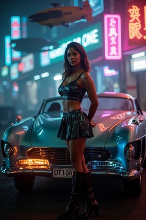 A retro-futuristic scene featuring a woman standing beside a sleek, chrome-plated car. The car has a vintage design with futuristic accents, such as neon lights and holographic panels. The woman is dressed in a stylish, 1950s-inspired outfit with futuristic elements like metallic fabrics and digital patterns. Teal and orange lighting, a glow on the car and the woman. The composition frames the woman and car prominently, with the background featuring a cityscape of neon signs and flying vehicles.

The atmosphere is fun and inviting, featuring colors like black, blue, dark blue, dark purple, gray, light green, purple, and orange. Neon lights in pink, blue, and green illuminate the space, creating a bokeh and Depth of Fieldeffect. The focus is on the girl from the torso to the head, captured in a cinematic style with a Sony A7R IV full-frame camera