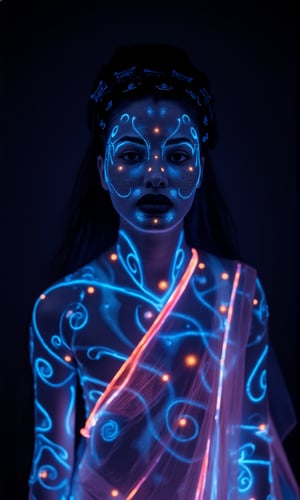 A mystical photo of an alien woman with a bioluminescent glow. Her midriff is exposed, revealing glowing skin with symmetrical neon lines that trace intricate patterns across her face and body. The skin emits a soft, otherworldly light, giving her a mesmerizing appearance. Her face is adorned with glowing dots, arranged in a symmetrical pattern that highlights her ethereal beauty.

She is wearing a neon saree that also glows with vibrant colors, blending seamlessly with the bioluminescent tones of her skin. Light particles float around her, adding to the mystical aura, while glowing spots and dots on her body create a radiant, enchanting effect. The close-up focus on her face emphasizes her luminous features, with every detail of the glowing patterns and lines captured in stunning detail.
