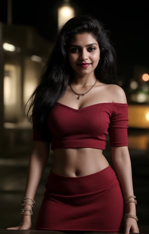 1girl, solo, long hair, looking at viewer, smile, black hair, dress, jewelry, standing, necklace, blurry, Red dress, bracelet, realistic, 28 years old, dark skin , dim light, drak atmosphere, low light , Midriff 