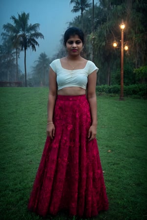 In dark night, In this stunning 8K photo, long skirt, gown, long designer blouse, a serene foggy garden sets the stage for a mesmerizing portrait of a 20-year-old Indian women. Beautiful face, attractive Big eye, Her flawless complexion glows softly under the misty atmosphere's subtle lighting, highlighting her striking features: large eyes and proper breasts. The lush green grass and vibrant red roses surrounding her create a picturesque backdrop, accentuating her natural beauty. Red, ultra realistic photography, She poses elegantly in a gorgeous long-pavada skirt in soft,