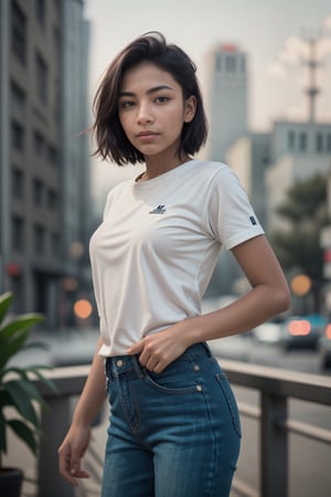 Girl, solo, short hair, white, clean face, shirt, clean shave:1.3,city background, jeans , , short sleeves, black shirt, t-shirt, realistic, best quality, hires, intricate details, reflections, photographed on a Canon EOS R5, 50mm lens, F/2.8, HDR, 8k resolution, ray-tracing,z1l4,realistic