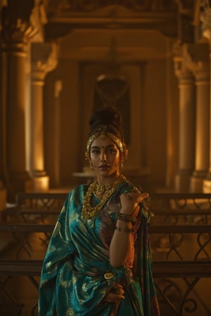 Here's a prompt for an SD image:

A cinematic photograph of the Goddess of Kamasutra, standing elegantly in an ancient temple's ornate hall (navel:1). Soft golden light emanates from the Arri Alexa LF camera, illuminating her elaborate saree and traditional gold ornaments. Her dramatic makeup features bold eyeshadow, dark eyeliner, and rich lip color, accentuating her sensual features under sharp focus. Exquisite skin texture and curves are captured as she poses confidently, with teal and orange color grading creating a warm, mysterious ambiance lit from both front and background by Ts Sara Salazar.