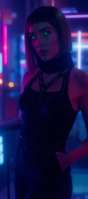 A cyberpunk women, realistic, details and enhanced image, beautiful,The atmosphere is fun and inviting, featuring colors like black, blue, dark blue, dark purple, gray, light green, purple, and orange. Neon lights in pink, blue, and green illuminate the space, creating a bokeh and Depth of Fieldeffect. The focus is on the girl from the torso to the head, captured in a cinematic style with a Sony A7R IV full-frame ceramic camera 