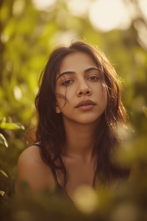 A stunning portrait of madona Sebastian framed by a warm golden light. She sits serenely in a lush greenery-filled setting, her long hair cascading down her back like a gentle waterfall. Her eyes sparkle with quiet confidence as she gazes softly into the distance.madona Sebastian 